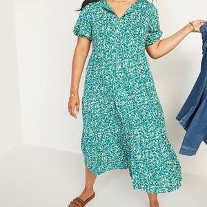 Old Navy Floral Puff-Sleeve Button-Front Midi Swing Dress
